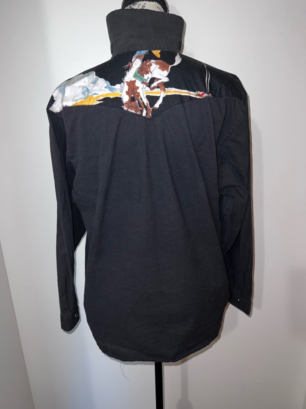 VTG Deserts West by Sherry Holt Cowboy Graphic Pearl Snap Shirt Black Large - Picture 6 of 13